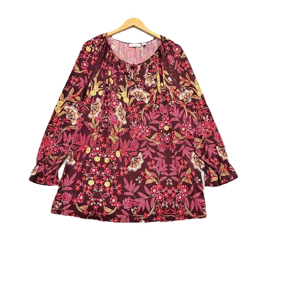 Susan Graver 3X Liquid Knit Lace Trim Stretch Burgundy Floral Tunic Top Flowy